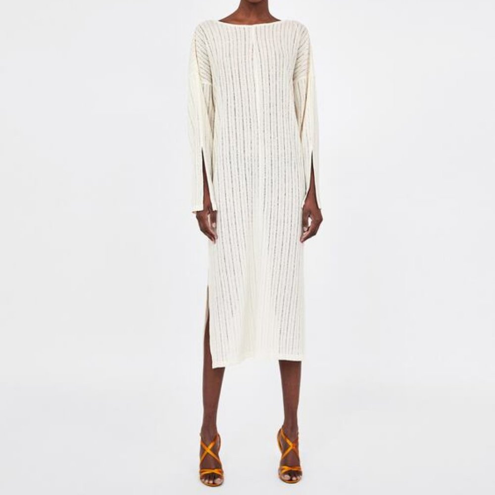 NWT Zara Size S Ivory Long Rustic Midi Ribbed Dress